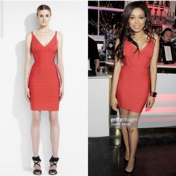 Coral Poppy HERVE LEGER v-neck Scarlett Mini Bandage Dress S Sexy Bodycon Short - Picture 2 of 13